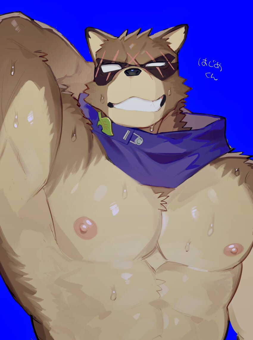 1boy, abs, animal_ears, arm_behind_head, arm_up, armpits, bara, blue_background, character_name, cross_scar, facing_viewer, fortnite, furry, furry_male, grin, hajime_(fortnite), hideo_(yata_shoshinsha), highres, male_focus, muscular, muscular_male, nipples, pectorals, purple_scarf, raccoon_boy, raccoon_ears, scar, scar_across_eye, scar_on_face, scarf, smile, sweat
