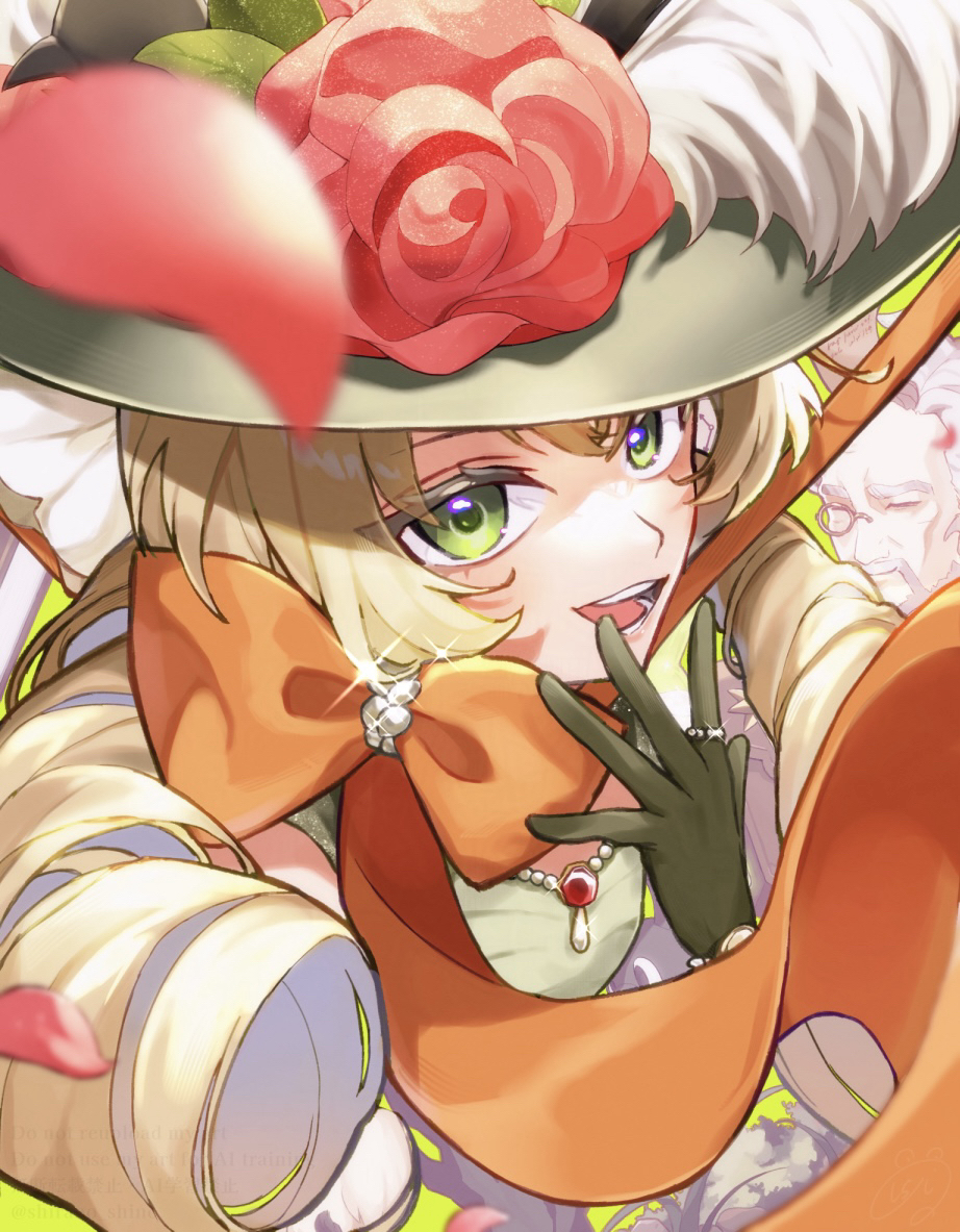 1boy, 1girl, :d, blonde_hair, bow, chinstrap, closed_eyes, dress