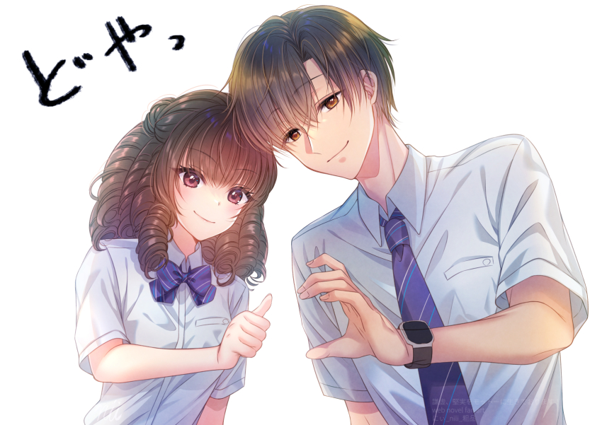 1boy, 1girl, blue_bow, blue_bowtie, blue_necktie, bow, bowtie, brown_eyes