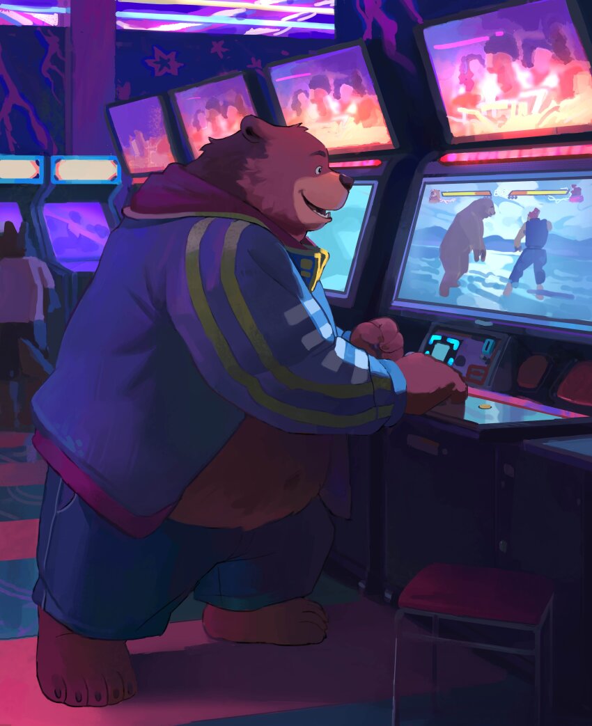 1boy, absurdres, akuma_(street_fighter), animal_ears, arcade, arcade_cabinet, barefoot, bear_boy, bear_ears, belly, blue_jacket, blue_pants, brown_fur, claws, commentary, english_commentary, fat, fat_man, furry, furry_male, highres, huynh_minh_duy, jacket, kuma_(tekken), looking_at_screen, male_focus, navel, obese, open_mouth, original, pants, smile, standing, street_fighter, tekken, tekken_7