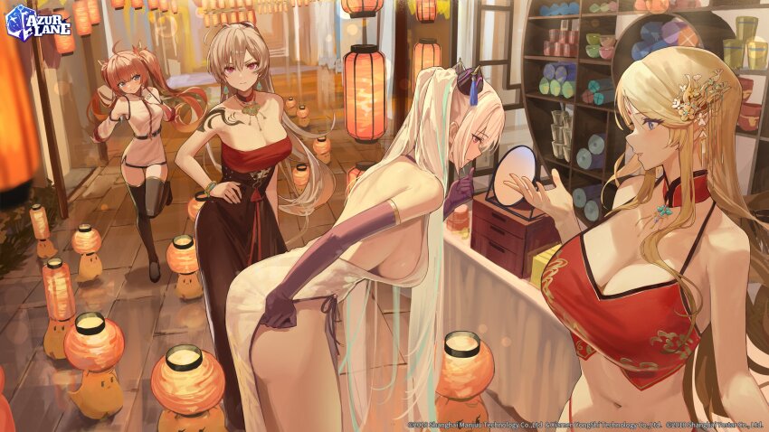 4girls, ass, azur_lane, backless_dress, backless_outfit, bandeau, bare_shoulders, belt, black_belt, black_footwear, black_skirt, black_thighhighs, blonde_hair, blue_eyes, blue_hair, bodypaint, bracelet, breasts, brest_(azur_lane), brest_(moonlit_night's_spring_vista)_(azur_lane), brown_hair, bun_cover, china_dress, chinese_clothes, choker, cleavage, closed_mouth, commentary, crop_top, detached_sleeves, double_bun, dress, dudou, elbow_gloves, english_commentary, facial_mark, forehead_mark, fu_shun_(azur_lane), fu_shun_(retrofit)_(azur_lane), gloves, hair_bun, hair_ornament, hand_on_own_hip, hidulume, high_heels, highres, huadian, jean_bart_(azur_lane), jean_bart_(springlight_etoiles)_(azur_lane), jewelry, kearsarge_(azur_lane), kearsarge_(springtime_monitoring)_(azur_lane), lantern, large_breasts, leaning_forward, logo, long_hair, long_skirt, looking_at_another, looking_at_viewer, medium_breasts, mirror, multiple_girls, navel, necklace, necktie, official_alternate_costume, official_art, ponytail, purple_eyes, purple_gloves, red_bandeau, red_choker, red_hair, red_necktie, scroll, second-party_source, shirt, short_dress, side_slit, sideboob, sidelocks, skirt, smile, standing, tassel, tassel_hair_ornament, thighhighs, twintails, watermark, white_dress, white_hair