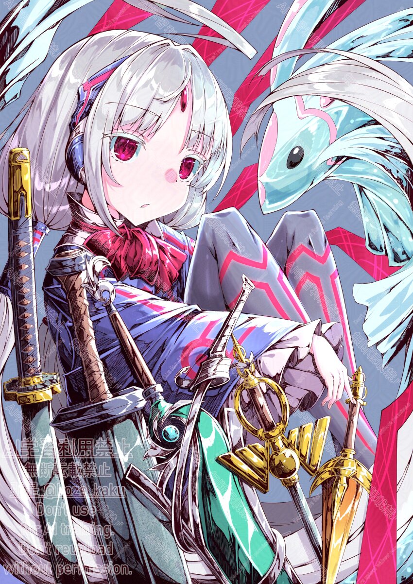 1girl, 966982, absurdres, ahoge, bow, dress, elefee, familiar, fish, forehead_jewel, frilled_dress, frills, hair_tubes, hairband, highres, huge_ahoge, katana, long_hair, neon_trim, rapier, red_eyes, short_sword, sword, twintails, under_night_in-birth, under_night_in-birth_2_sys:celes, vatista_(under_night_in-birth), very_long_hair, weapon, white_hair, wings