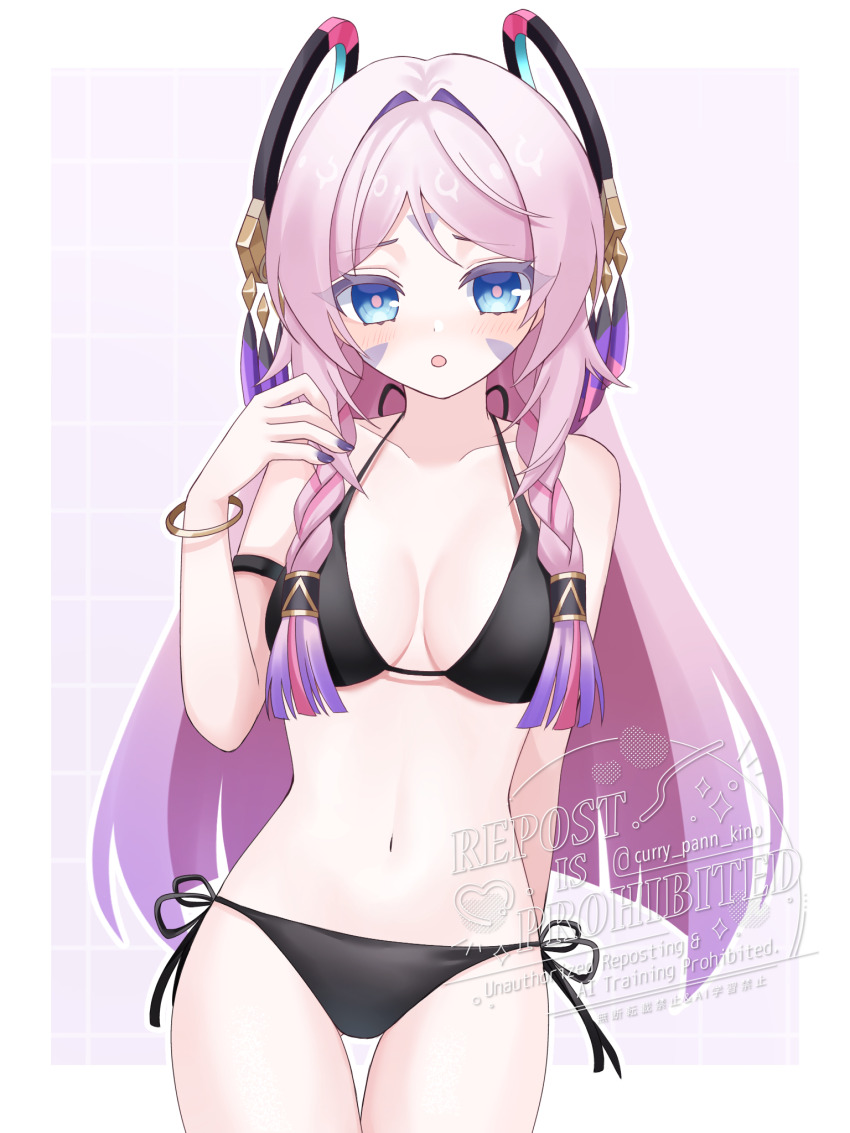 1girl, :o, alternate_costume, armband, bare_shoulders, bikini, black_armband, black_bikini