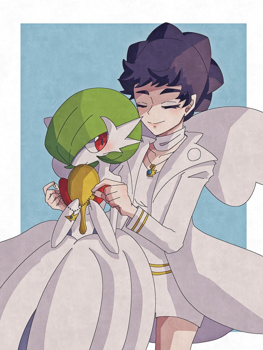 2girls, blue_background, bob_cut, brown_hair, closed_eyes, diantha_(pokemon), dress, gardevoir, gen_3_pokemon, green_hair, hair_over_one_eye, highres, jacket, jewelry, mega_gardevoir, mega_pokemon, multiple_girls, necklace, nintendo, nkhs_arrr, pokemon, pokemon_(creature), red_eyes, shirt, simple_background, smile, white_dress, white_jacket, white_shirt