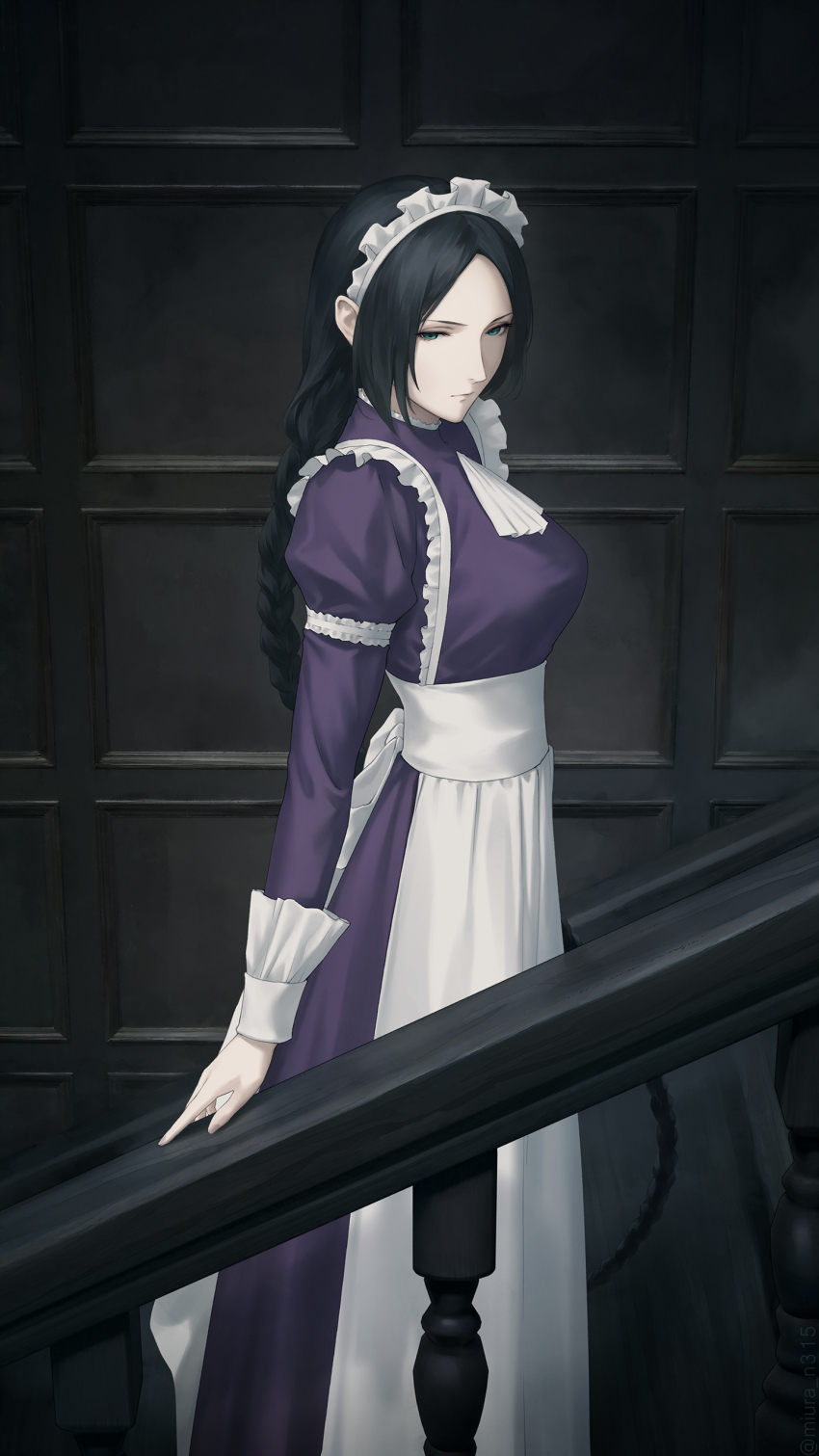 1girl, absurdres, apron, ascot, black_hair, braid, breasts, closed_mouth, commentary, dress, english_commentary, fata_morgana_no_yakata, frilled_apron, frills, green_eyes, highres, indoors, juliet_sleeves, long_hair, long_sleeves, maid, maid_apron, maid_headdress, medium_breasts, miura-n315, parted_bangs, puffy_sleeves, purple_dress, solo, stairs, stairwell, standing, the_maid_(fata_morgana_no_yakata), very_long_hair, white_apron, white_ascot