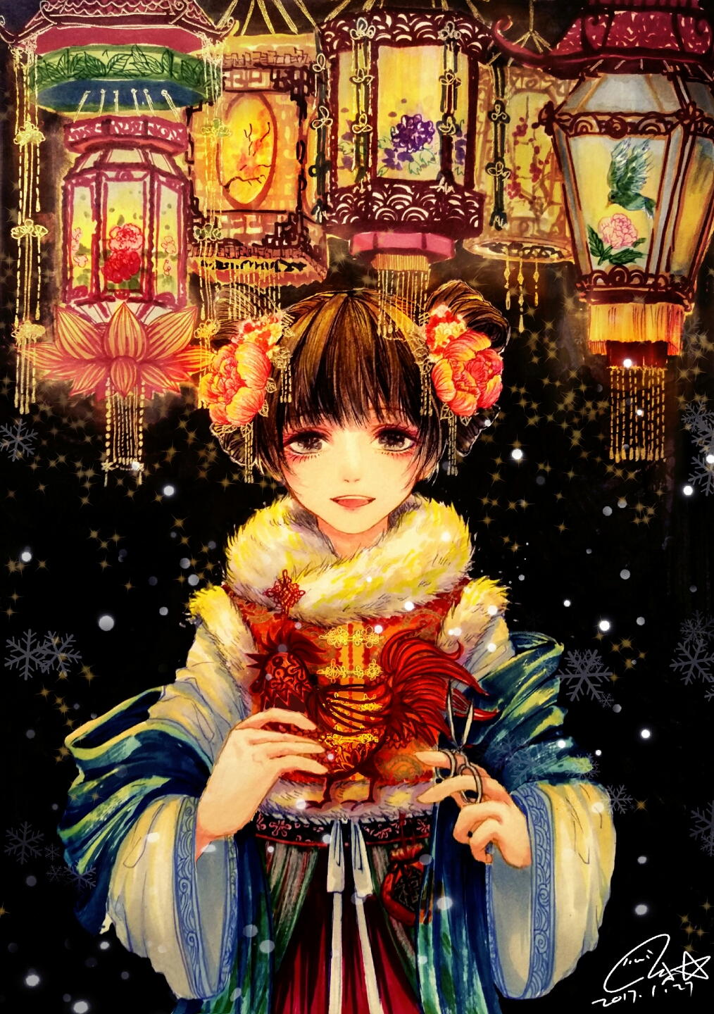 1girl, astar0w0, between_fingers, blue_shawl, bow, brown_eyes, brown_hair, chinese_clothes