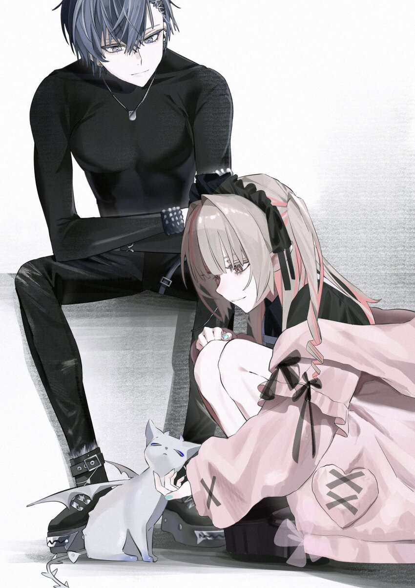 1boy, 1girl, aqua_nails, black_footwear, black_hairband, black_pants, black_ribbon, black_shirt