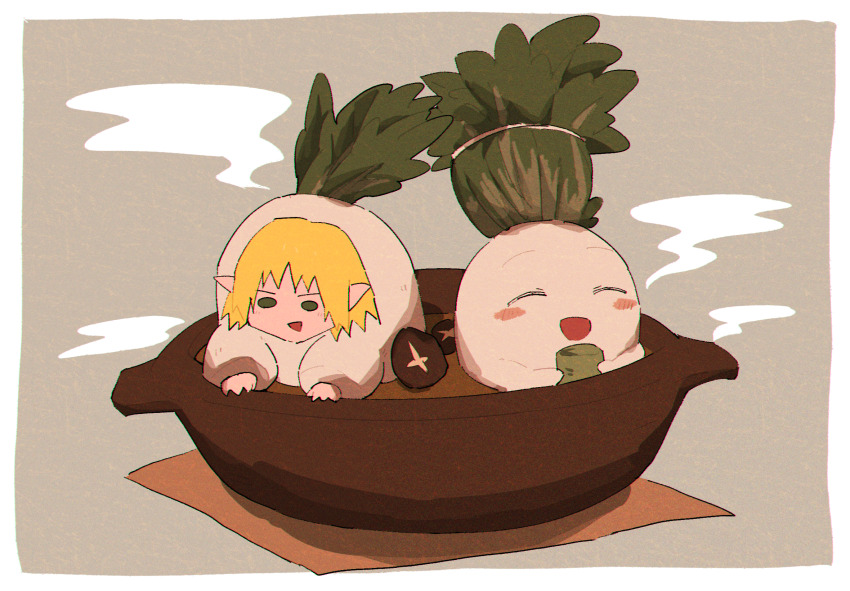 1girl, blonde_hair, commentary_request, cookie_(touhou), cup, daikon, daikon_costume, food