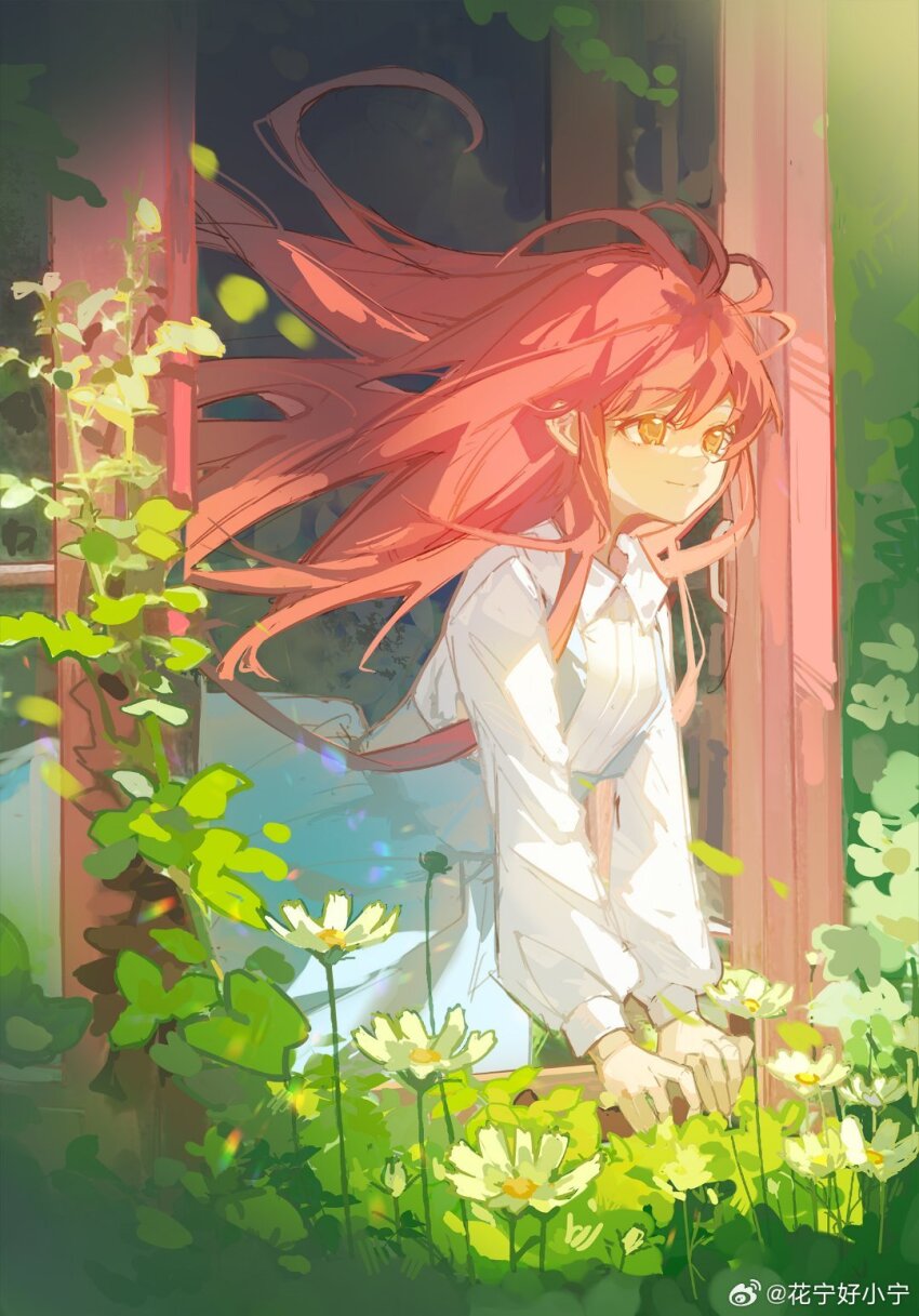 2girls, blue_dress, chinese_commentary, closed_mouth, collared_shirt, commentary_request, cowboy_shot, daisy_(flower)