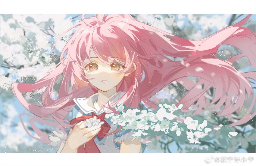 1girl, blue_shirt, blue_sky, bow, bowtie, brown_eyes, cherry_blossoms, chinese_commentary