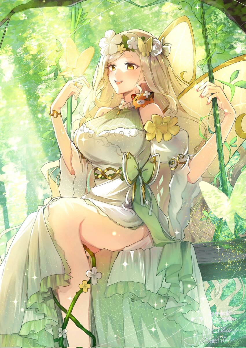 1girl, animal, animal_on_hand, blonde_hair, bow, bracelet, breasts, bug, butterfly, dappled_sunlight, detached_sleeves, dress, fairy, fairy_wings, flower, flower_wreath, forest, glint, gonzalez_(machita_chima), gown, halter_dress, halterneck, head_wreath, highres, hikimayu, insect, jewelry, large_breasts, long_dress, long_hair, looking_at_animal, machita_chima, machita_chima_(fairy), nature, nijisanji, official_alternate_costume, on_swing, pink_nails, puffy_detached_sleeves, puffy_sleeves, ring, shiel7122, short_eyebrows, side_slit, signature, sitting, sleeveless, sleeveless_dress, solo, sunlight, swept_bangs, swing, swing_set, thick_eyebrows, thorns, virtual_youtuber, waist_bow, wings, yellow_eyes