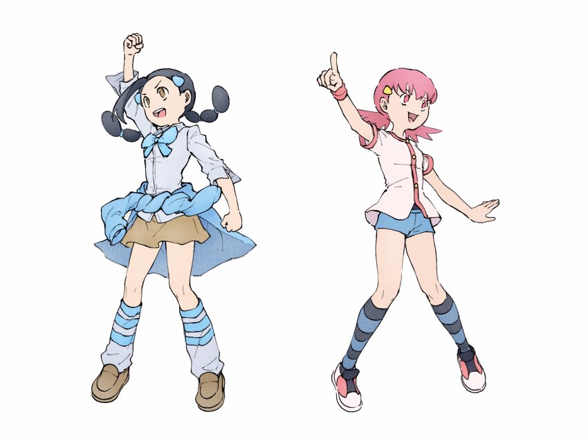 2girls, absurdres, arm_up, black_hair, blue_bow, blue_bowtie, blue_shorts, blue_sweater