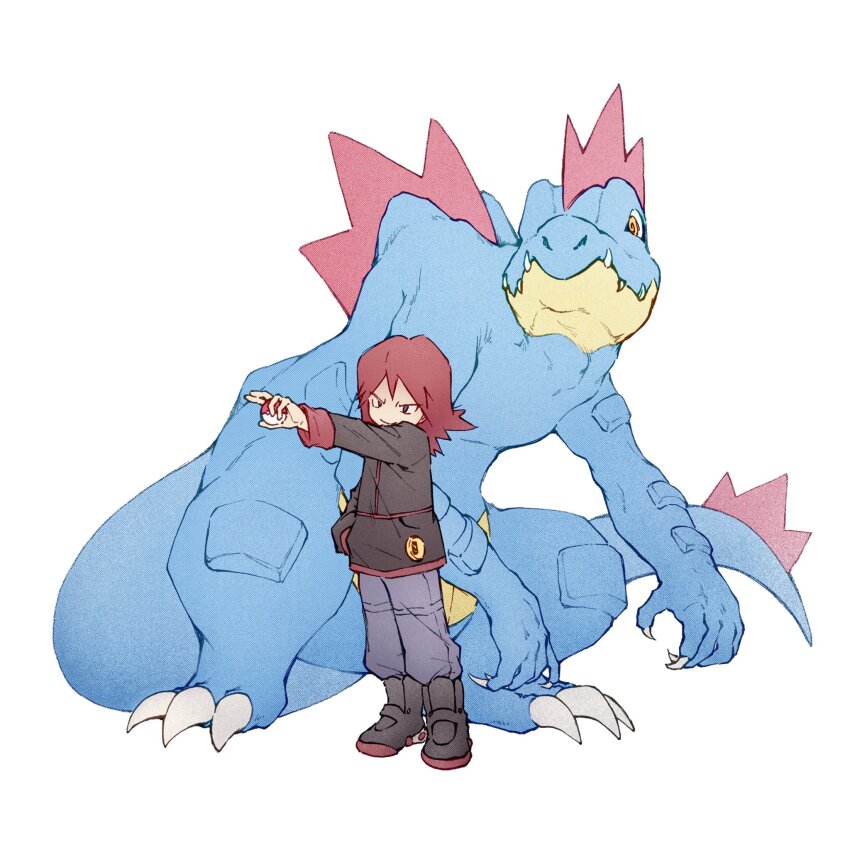 1boy, boots, closed_mouth, commentary_request, feraligatr, gen_2_pokemon, highres, holding, holding_poke_ball, jacket, long_hair, long_sleeves, male_focus, nintendo, outstretched_arm, pants, poke_ball, poke_ball_(basic), pokemon, pokemon_(creature), pokemon_gold/silver/crystal, red_hair, silver_(pokemon), simple_background, standing, tan_carbonnn, white_background