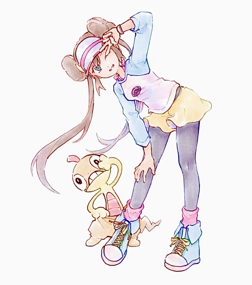 1girl, absurdres, arm_up, blue_eyes, blue_footwear, bright_pupils, brown_hair, commentary