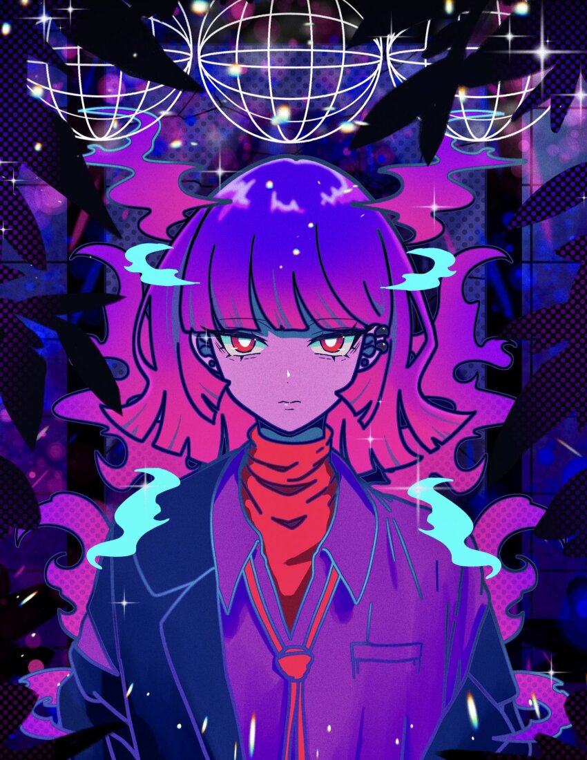 1girl, ado_(utaite), bright_pupils, closed_eyes, collared_shirt, copyright_request, disco_ball, facing_viewer