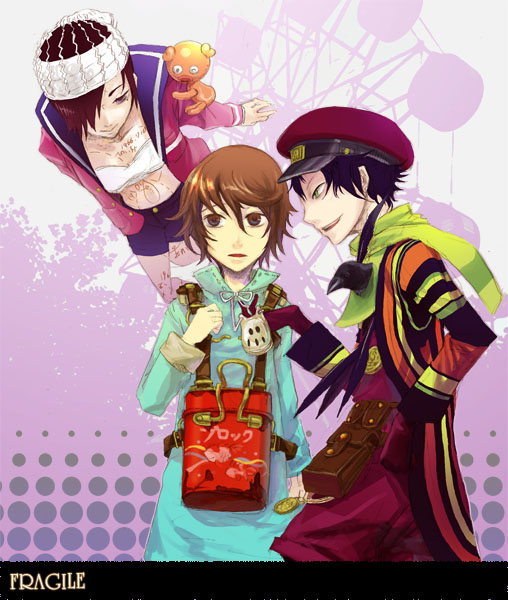 2boys, bandage_over_one_eye, black_hair, blue_eyes, blue_hair, brown_hair, comaza, crow_(fragile)