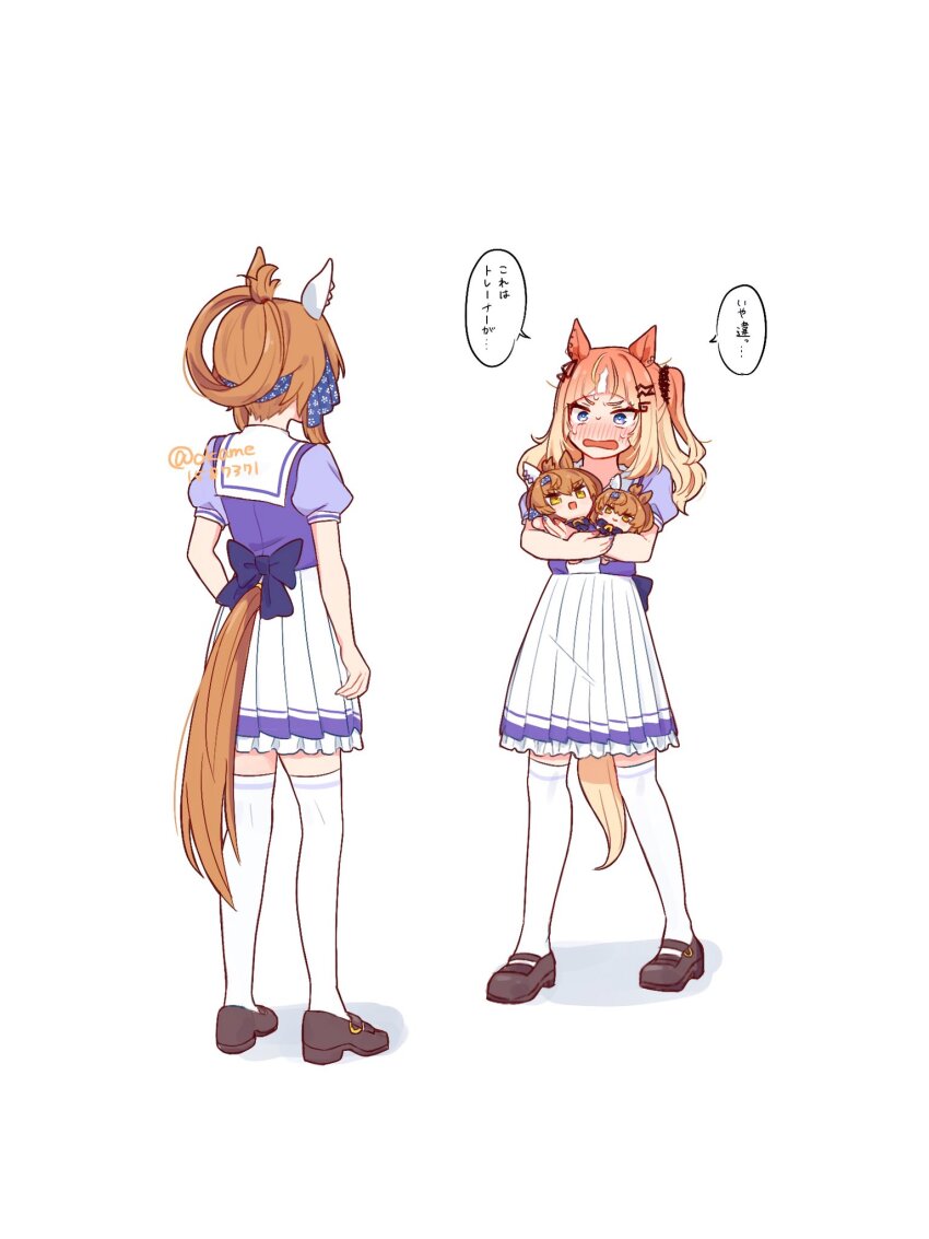 2girls, animal_ear_piercing, animal_ears, back_bow, blonde_hair, blue_eyes, blunt_bangs, blush