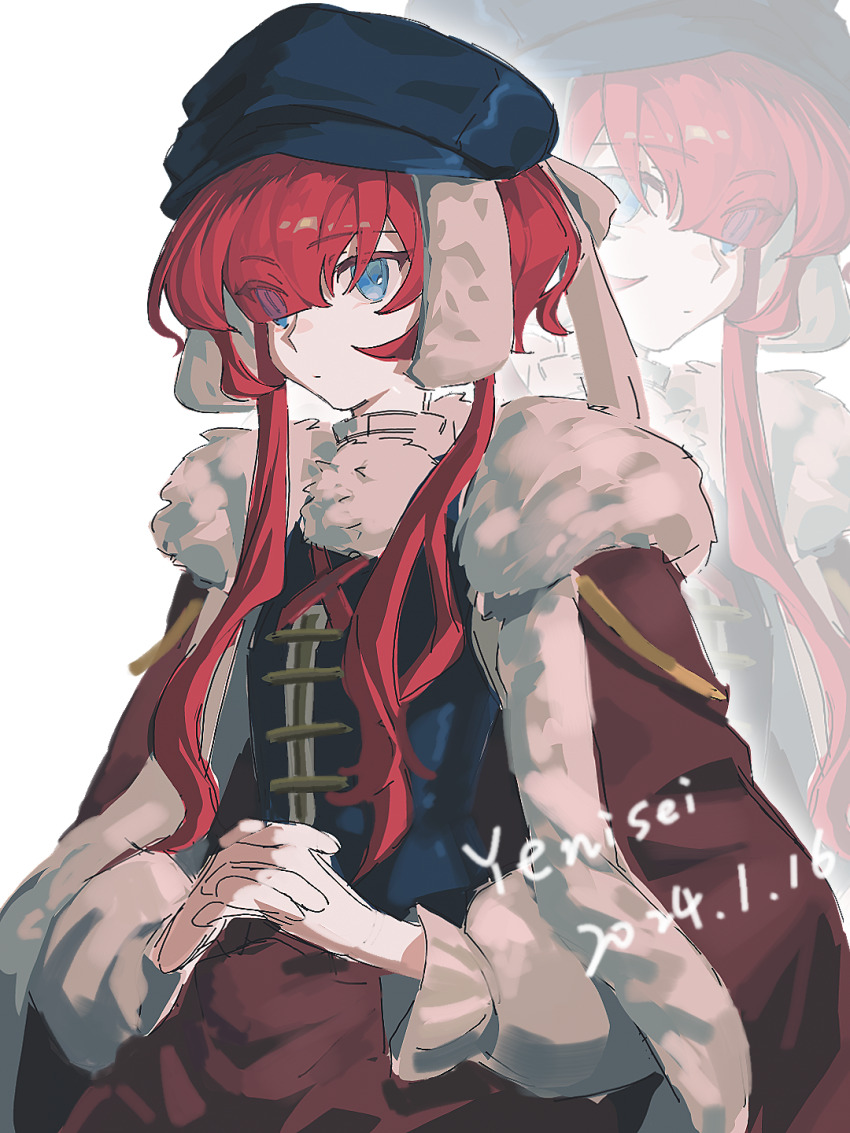 1girl, black_hat, black_vest, blue_eyes, newsboy_cap, cape, dated, eyes_visible_through_hair