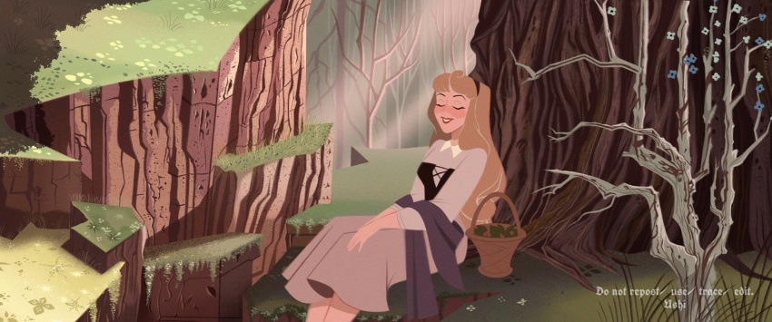 1girl, artist_name, aurora_(disney), basket, black_corset, black_hairband, blonde_hair, blue_flower