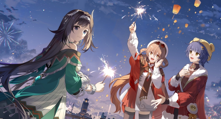 3girls, :d, aerial_fireworks, black_hair, black_thighhighs, blue_eyes, blue_hair, braid, brown_eyes, brown_hair, coat, dress, eyewear_on_head, fireworks, genshin_impact, grey_hairband, hair_rings, hairband, hat, highres, holding, holding_fireworks, hu_tao_(cherries_snow-laden)_(genshin_impact), hu_tao_(genshin_impact), jacket, lan_yan_(genshin_impact), lantern, ling_yu_xiaoyan, long_hair, long_sleeves, looking_at_viewer, multiple_girls, night, off_shoulder, open_clothes, open_jacket, open_mouth, outdoors, paper_lantern, pointing, red_jacket, shirt, short_hair, skirt, sky, sky_lantern, smile, sparkler, standing, sunglasses, thighhighs, very_long_hair, white_dress, xiangling_(genshin_impact), xiangling_(new_year's_cheer)_(genshin_impact), yellow_eyes