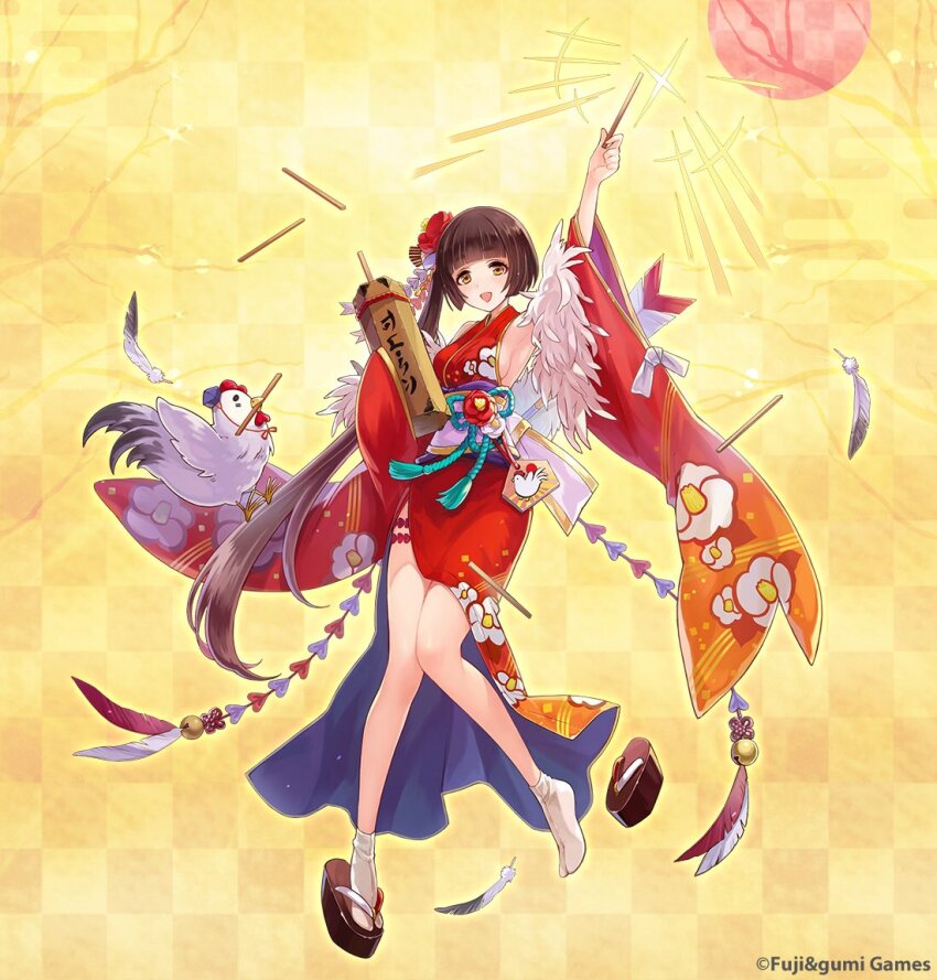 1girl, arm_up, azusa_yumi_(phantom_of_the_kill), bird, blunt_bangs, breasts, brown_hair, chicken