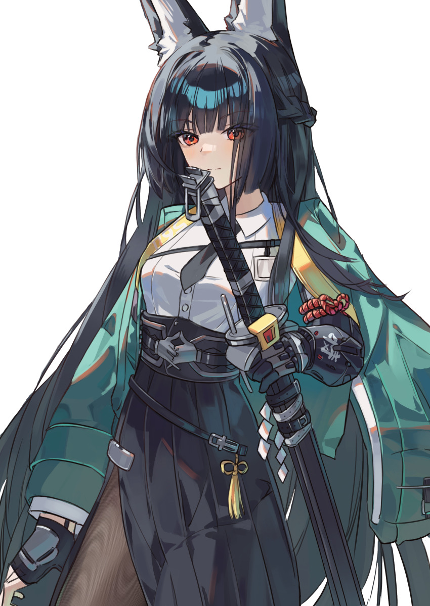 1girl, absurdres, animal_ear_fluff, animal_ears, black_hair, black_necktie, black_skirt, blunt_bangs, closed_mouth, cowboy_shot, dress_shirt, ehdghks500, fox_ears, fox_girl, gauntlets, green_jacket, high-waist_skirt, highres, hoshimi_miyabi, jacket, long_hair, looking_ahead, necktie, red_eyes, shirt, sidelocks, skirt, solo, white_shirt, zenless_zone_zero