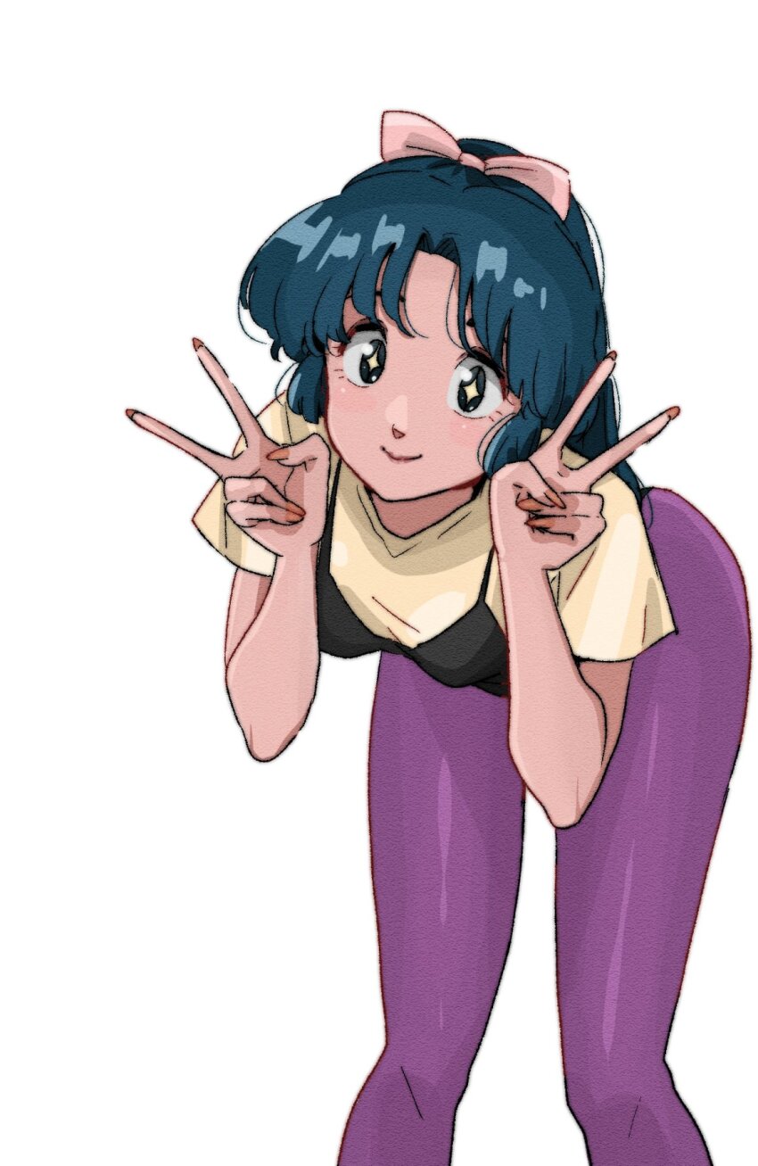 1girl, black_leotard, blue_hair, bow, diamond-shaped_pupils, diamond_(shape), double_v, hair_bow