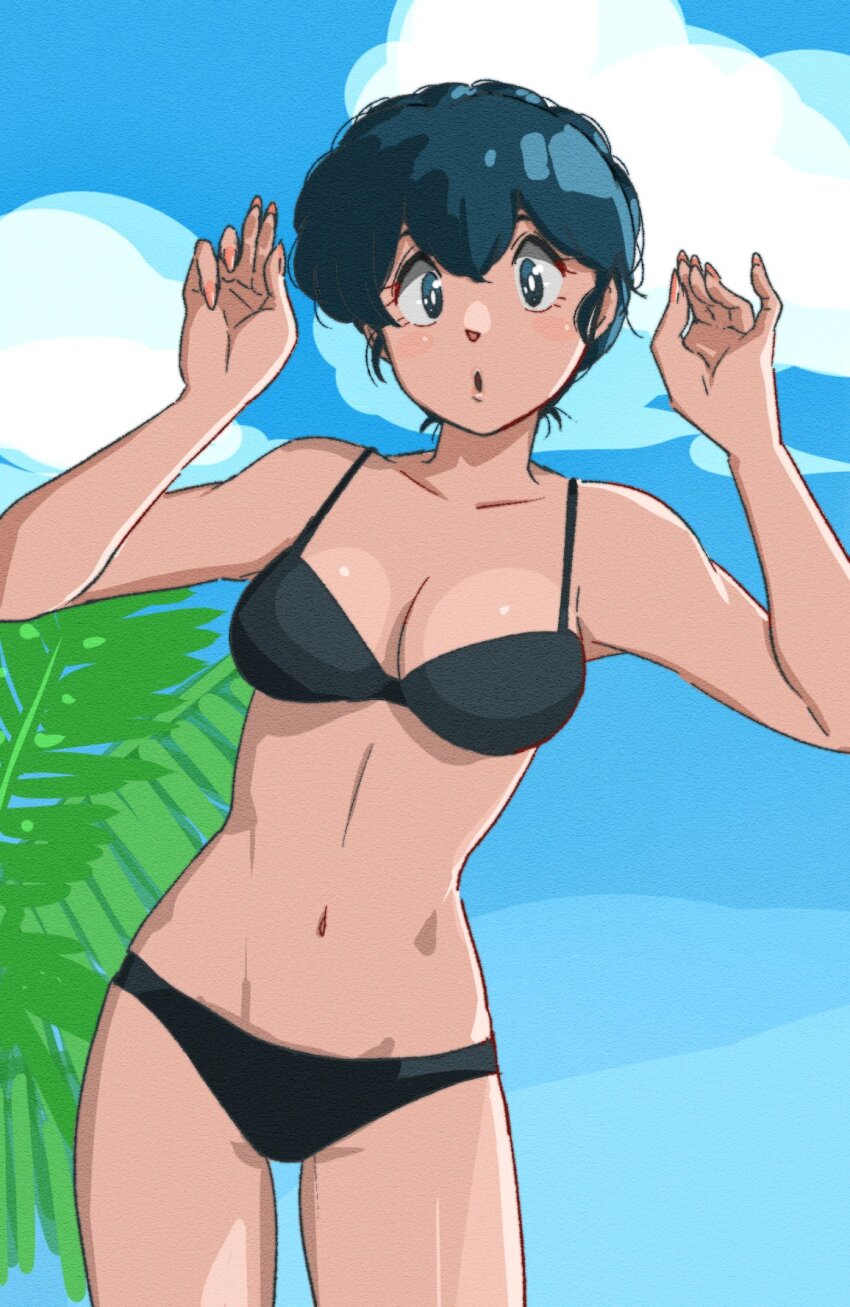 1girl, bikini, black_bikini, blue_eyes, blue_hair, breasts, cloud, cloudy_sky