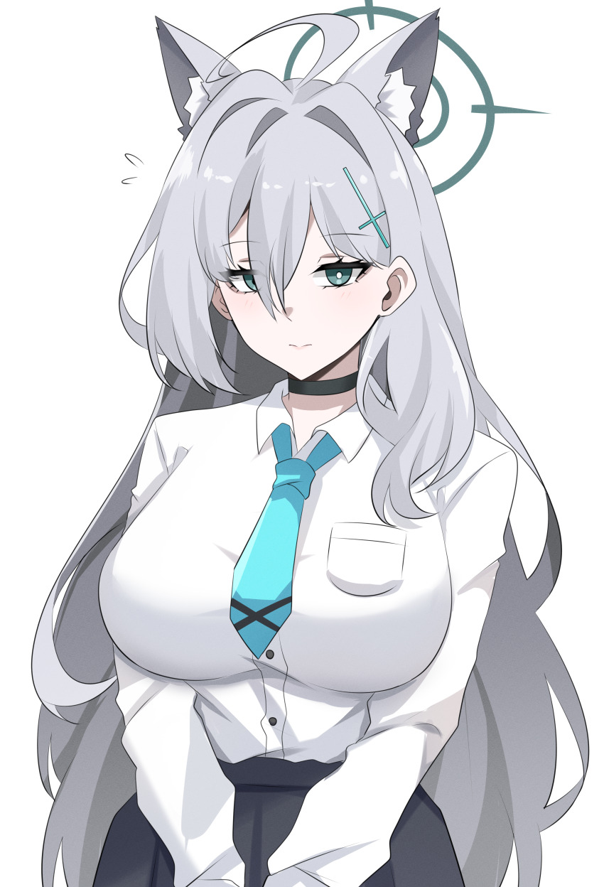 1girl, absurdres, ahoge, animal_ear_fluff, animal_ears, black_choker, black_skirt, blue_archive