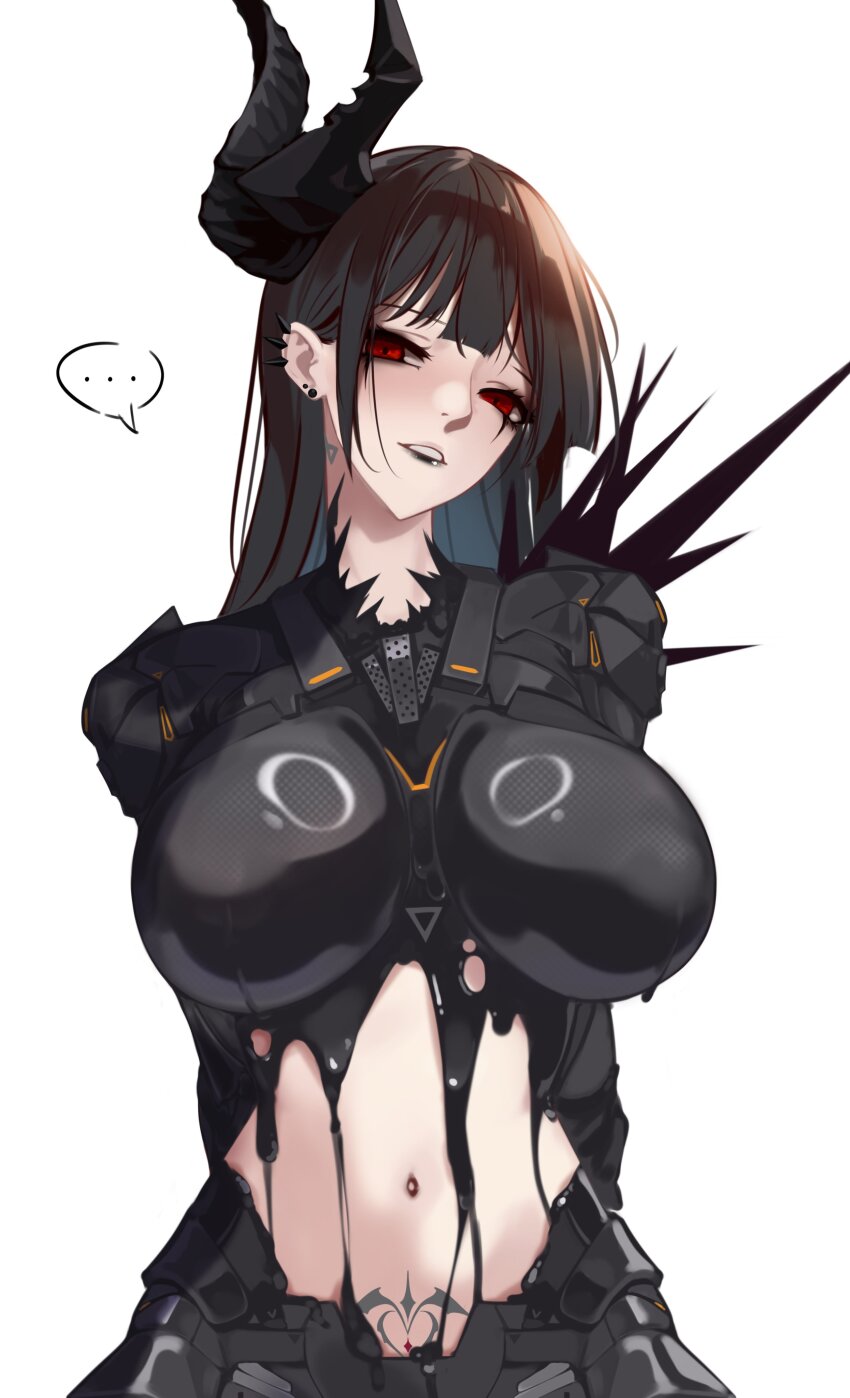 .cho_(ten_chou), 1girl, absurdres, behemoth_(nikke), black_bodysuit, black_hair, black_horns, black_liquid, black_nails, bodysuit, breasts, ear_piercing, goddess_of_victory:_nikke, highres, horns, large_breasts, liquid_clothes, long_hair, looking_at_viewer, navel, open_mouth, piercing, pubic_tattoo, red_eyes, solo, speech_bubble, tattoo, teeth