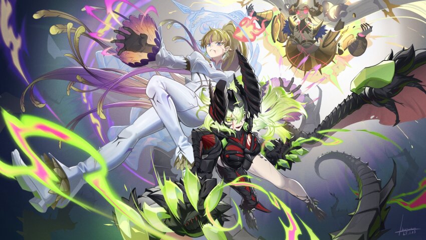 3girls, armor, battle_damage, black_armor, black_sclera, black_skin, black_tail, black_wings