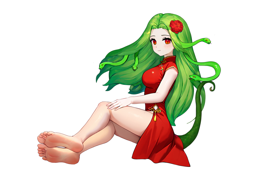 1girl, barefoot, china_dress, chinese_clothes, dress, feet, flower, fu_nan_lao_bai_he_naicha