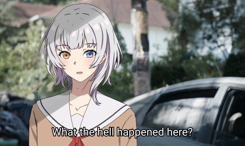 1girl, a_whydc, bang_dream!, bang_dream!_it's_mygo!!!!!, blue_eyes, blush, brown_shirt, commentary