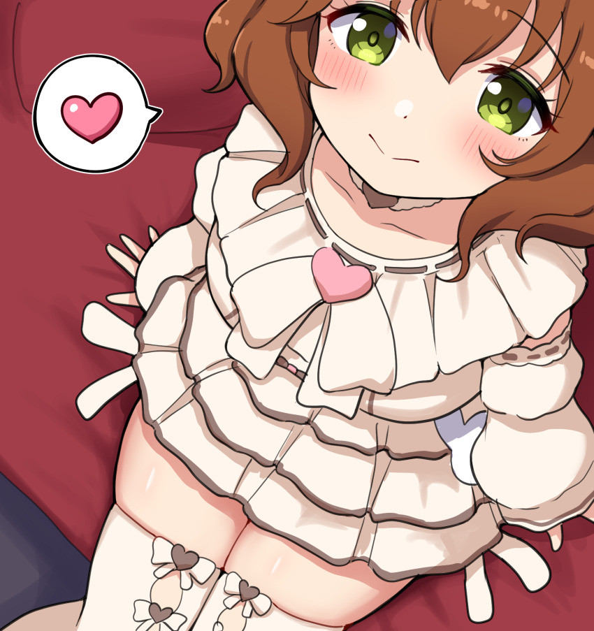 1girl, aston_machan_(everlasting_candy)_(umamusume), aston_machan_(umamusume), brown_hair, commentary_request, dress, from_above, green_eyes, heart, highres, horse_girl, long_sleeves, looking_at_viewer, short_hair, spoken_heart, takiki, thighhighs, thighs, umamusume, white_dress, white_thighhighs