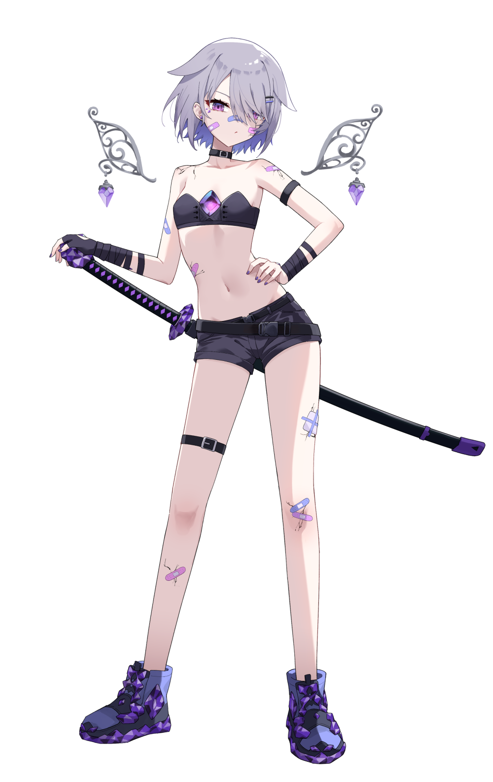 1girl, adapted_costume, arm_wrap, bandaid, bandaid_on_arm, bandaid_on_face, bandaid_on_knee, bandaid_on_leg