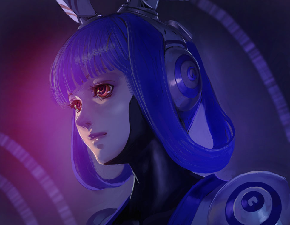 1girl, android, blue_hair, blunt_bangs, dark, expressionless, female_focus, from_below, fujiwara_hisashi, hair_rings, lips, multicolored_eyes, phantasy_star, phantasy_star_portable, phantasy_star_universe, portrait, realistic, red_eyes, robot_ears, science_fiction, solo, spiral, vivienne, vivienne_(phantasy_star)