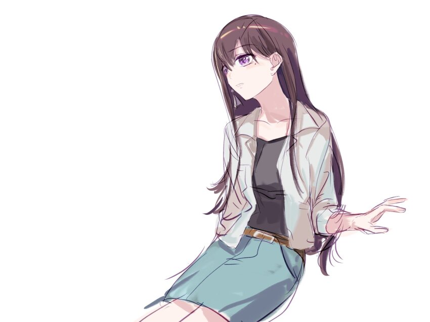 1girl, bang_dream!, bang_dream!_it's_mygo!!!!!, belt, black_shirt, blue_skirt, brown_belt, brown_hair