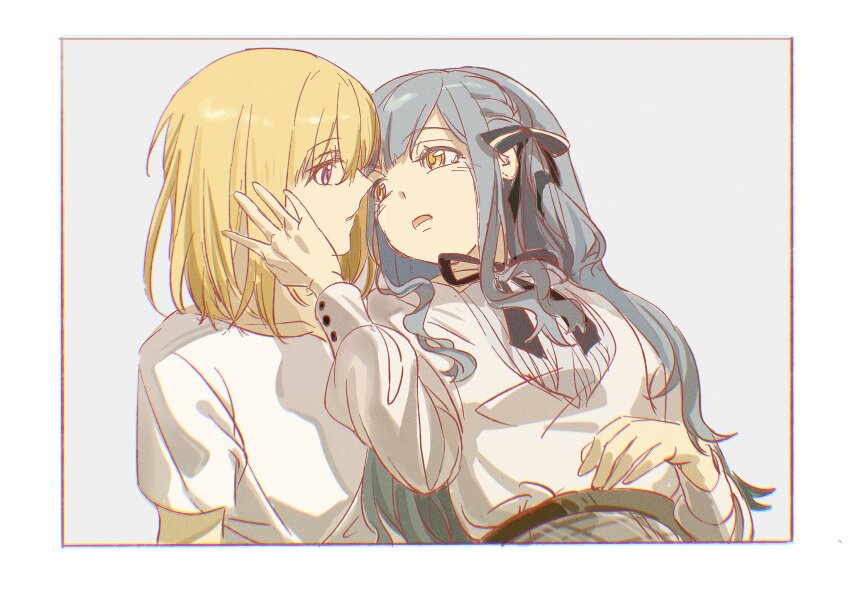 2girls, bang_dream!, bang_dream!_it's_mygo!!!!!, black_ribbon, blonde_hair, border, chromatic_aberration, commentary