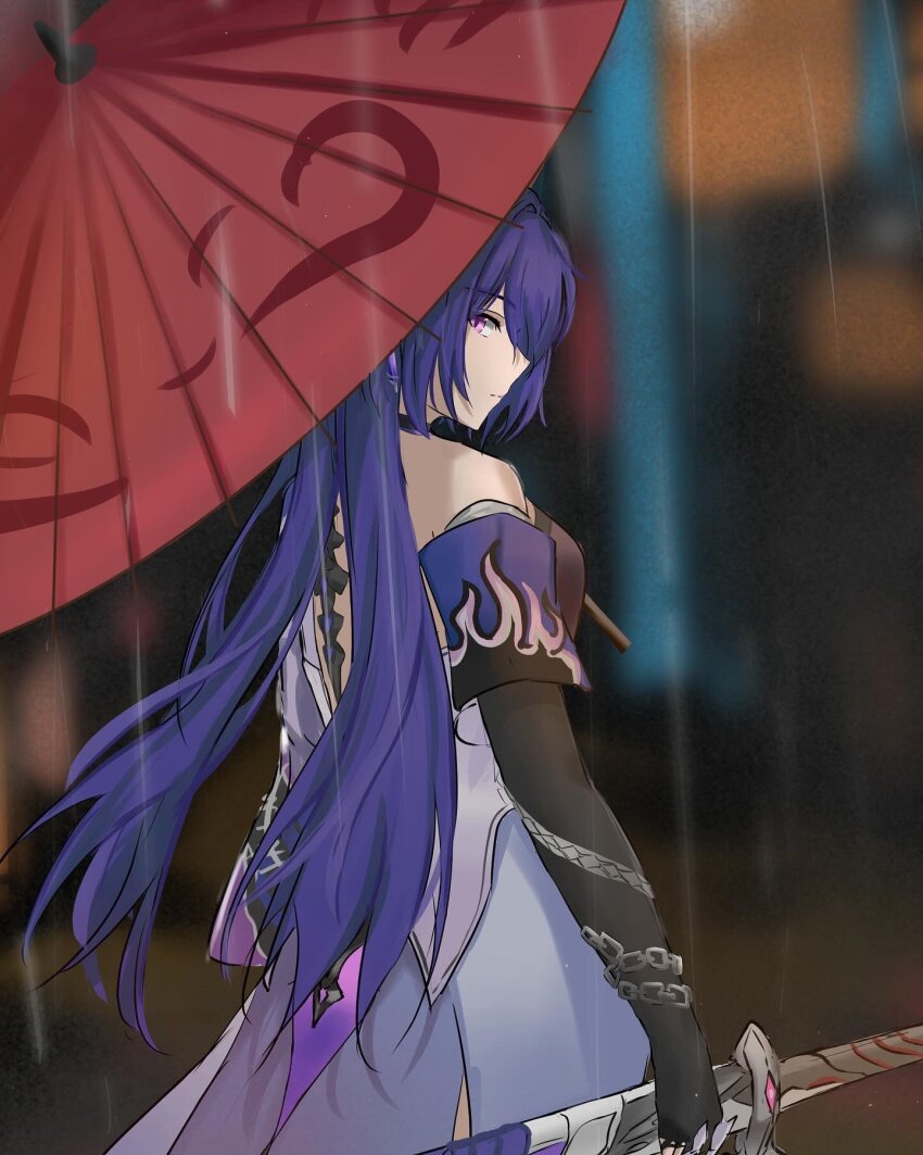 1girl, acheron_(honkai:_star_rail), black_gloves, blurry, blurry_background, chain, chain_around_arm, closed_mouth