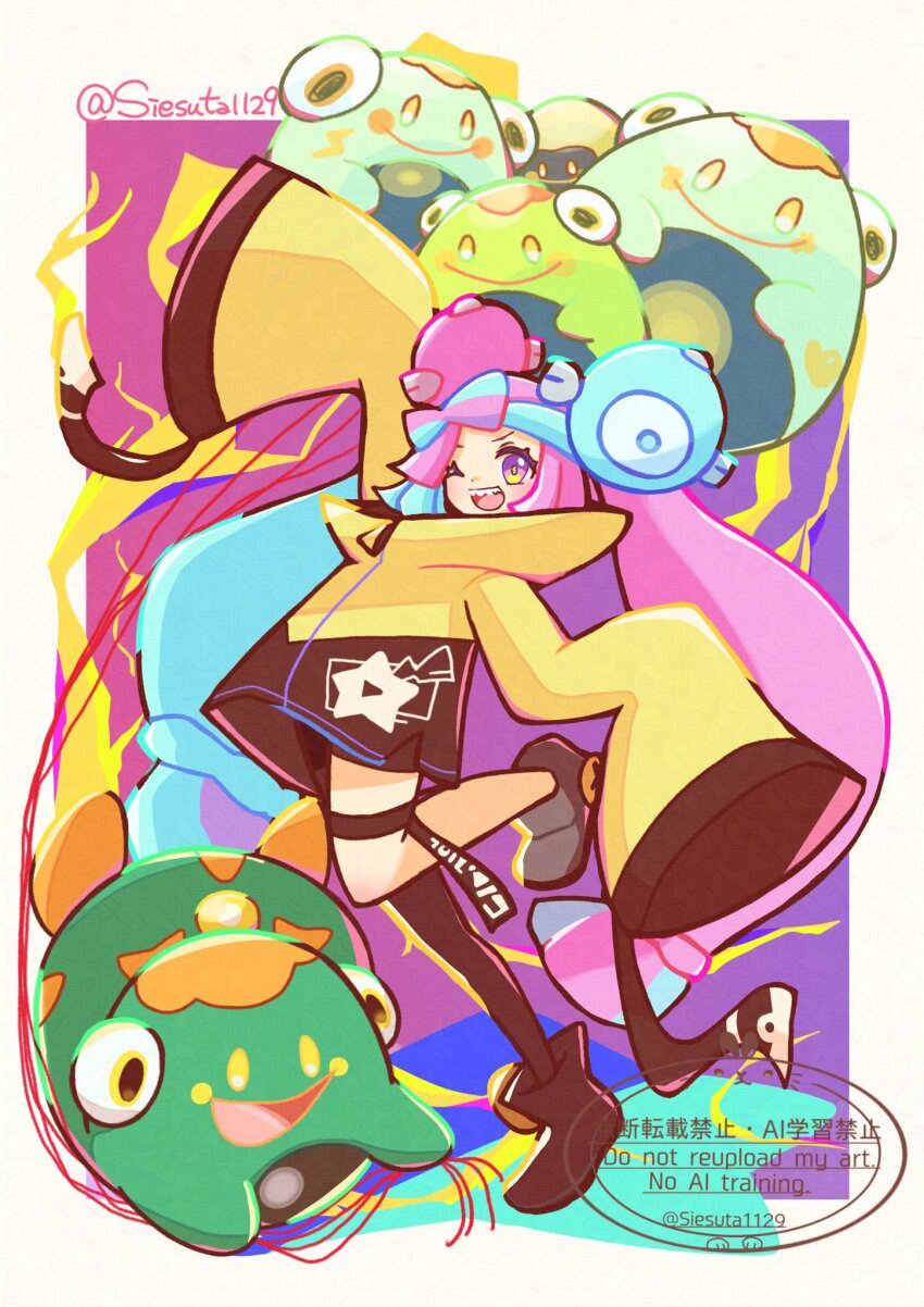 1girl, ;d, alternate_color, bellibolt, blue_hair, bow-shaped_hair, character_hair_ornament, electricity