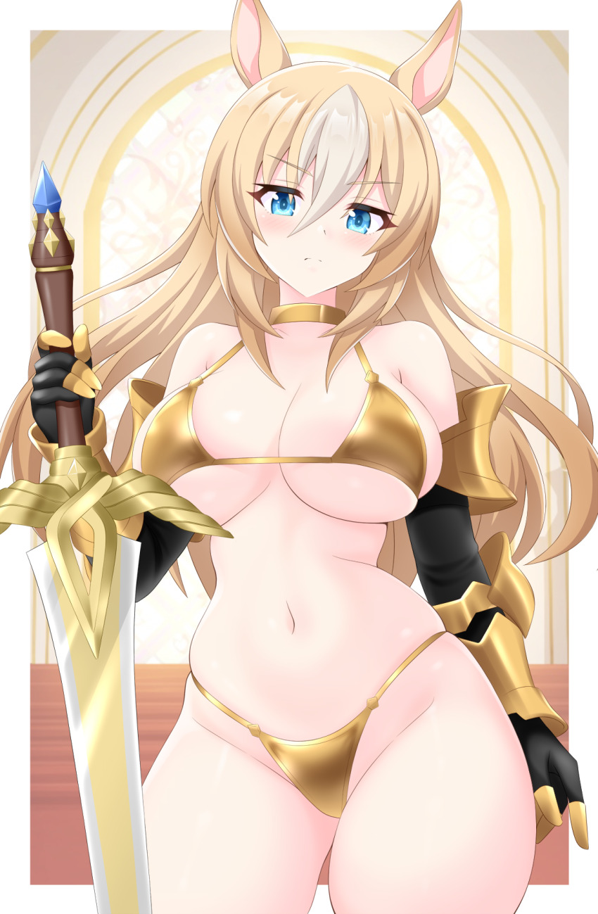1girl, alternate_costume, animal_ears, arm_at_side, armor, bikini, bikini_armor, black_gloves