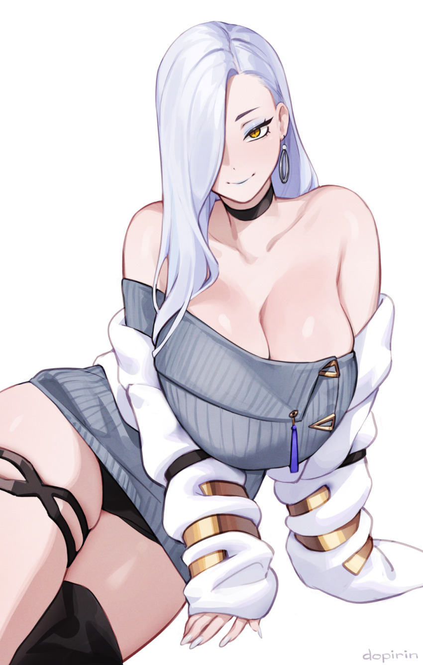 1girl, bare_shoulders, black_shorts, black_thighhighs, blue_lips, breasts, choker, cleavage