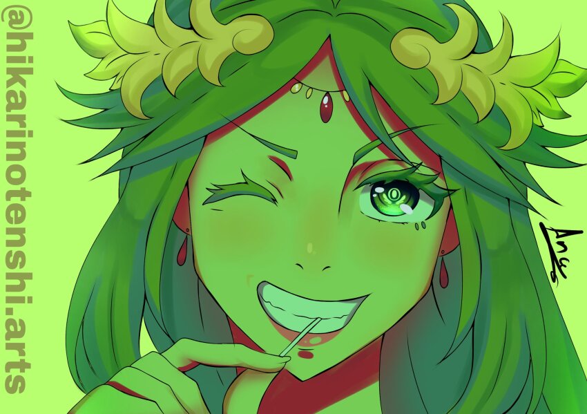 1girl, artist_name, colored_eyelashes, colored_skin, commentary, dandadan, earrings, english_commentary, forehead_jewel, green_background, green_eyes, green_hair, green_skin, grin, highres, hikarinotenshi.arts, holding, instagram_username, jewelry, kid_icarus, kid_icarus_uprising, laurel_crown, lips, middle_part, nintendo, one_eye_closed, palutena, pink_lips, portrait, signature, smile, solo, symbol-shaped_pupils, teardrop_earrings, thick_eyelashes