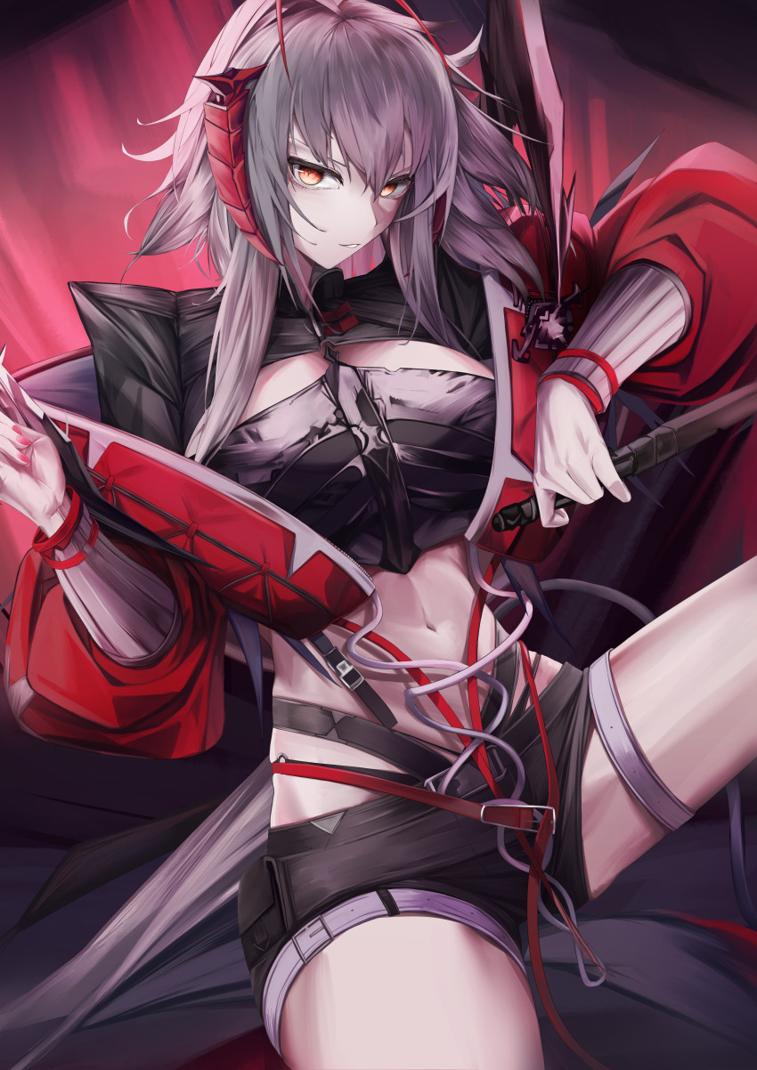 1girl, absurdres, antenna_hair, arknights, black_shirt, black_shorts, breasts, collared_shirt