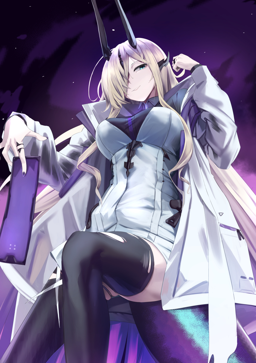 1girl, absurdres, arknights, arm_up, black_horns, black_shirt, black_thighhighs, blonde_hair