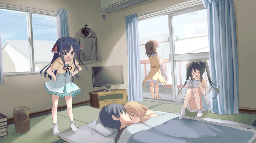 1boy, 4girls, air_conditioner, balcony, black_hair, blonde_hair, book, brother_and_sister
