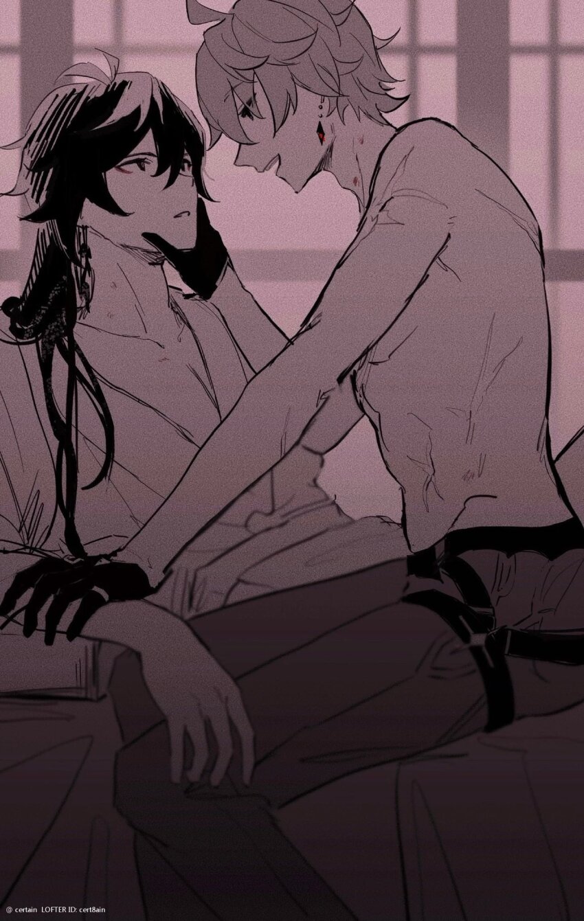 2boys, alternate_costume, cert8ain, genshin_impact, grabbing_another's_chin, greyscale, hand_on_another's_chin, hickey