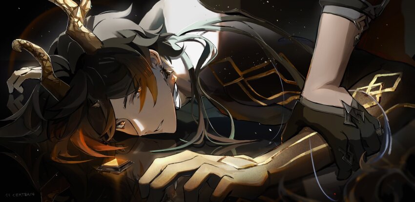 1other, 2boys, black_background, cert8ain, dragon_horns, genshin_impact, highres, horns