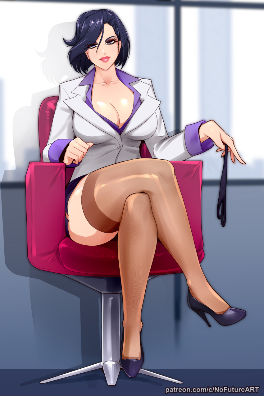 1girl, absurdres, blue_eyes, blue_hair, breasts, chair, city_hunter, cleavage