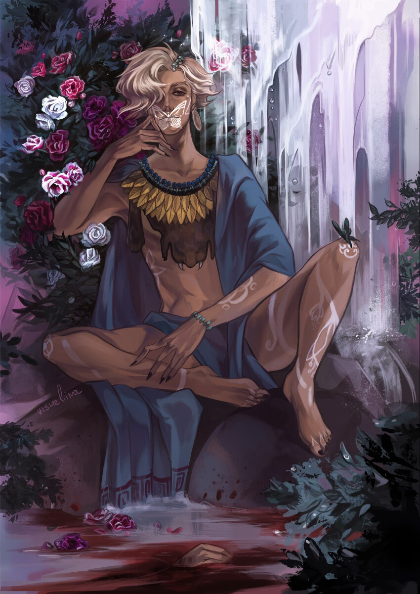 1boy, artist_request, aztec, aztec_mythology, blonde_hair, blood, brown_eyes, bug